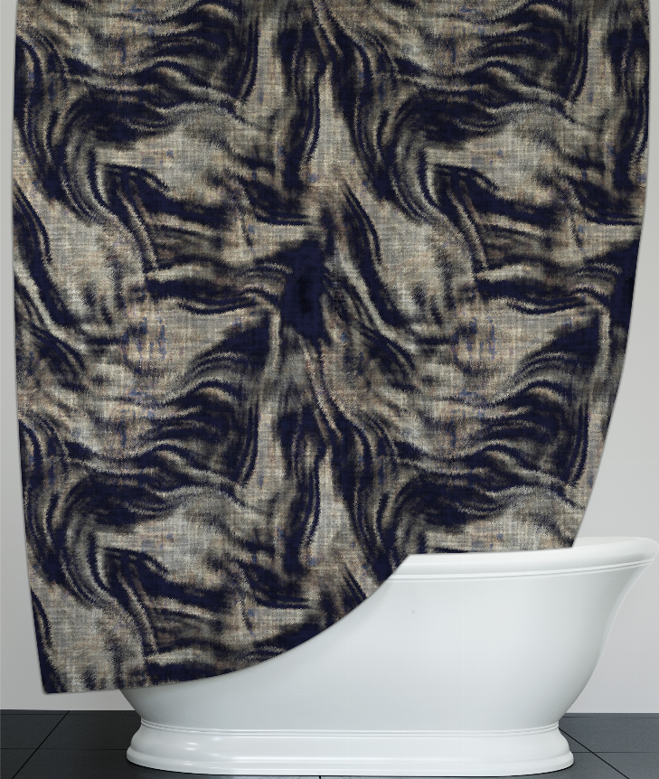 Shower curtain panel with dark navy and gray swirl pattern above bathtub