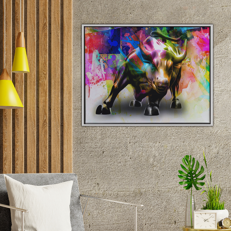 Framed bull art print with colorful abstract paint and black charging bull