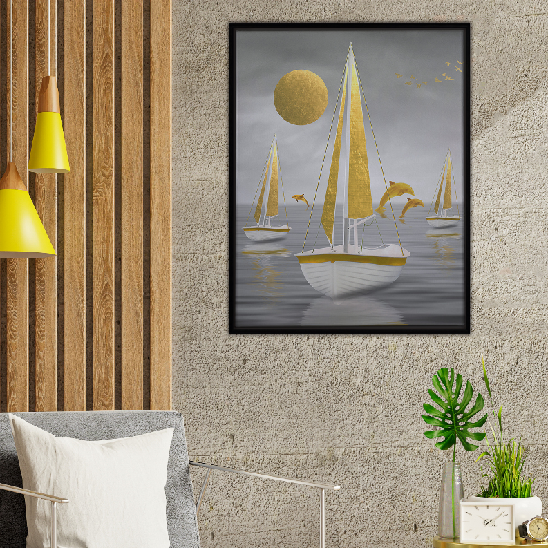Framed sailboat art print with white boats, gold moon, and dark gray water