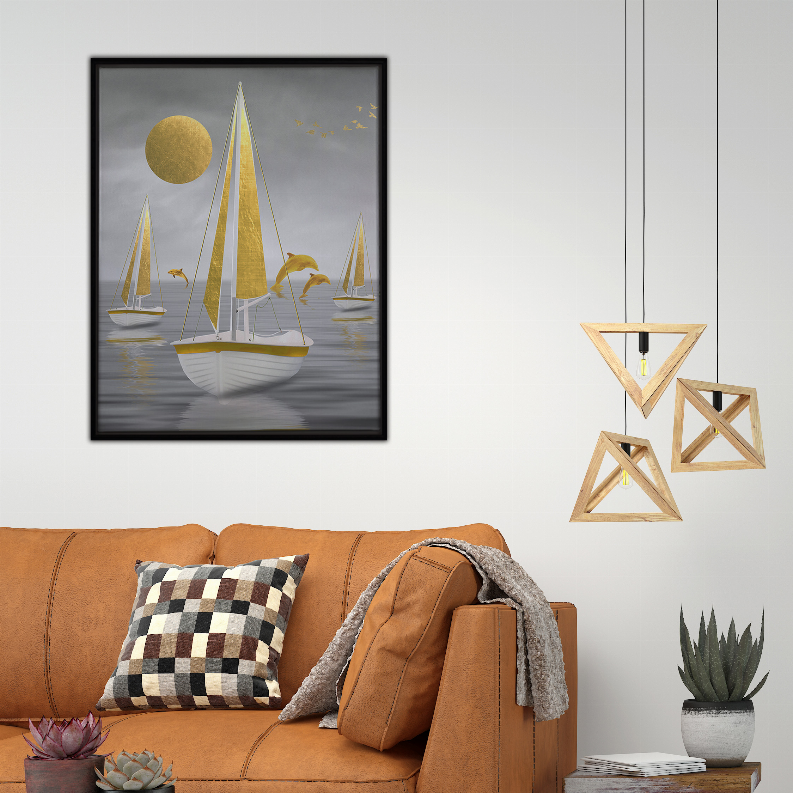 Framed sailboat art print featuring white boats, gold moon, and gray ripples