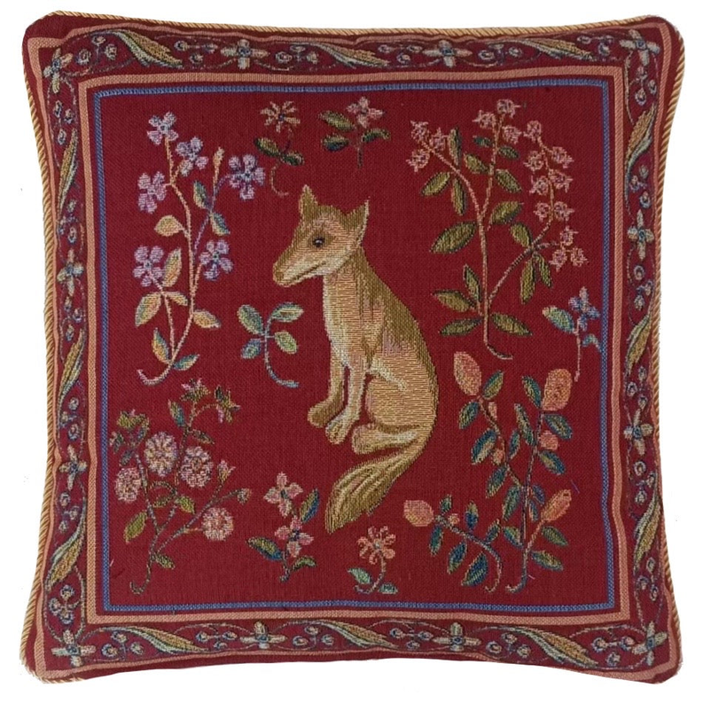 Art fox cushion cover with floral embroidery, burgundy red and blue border