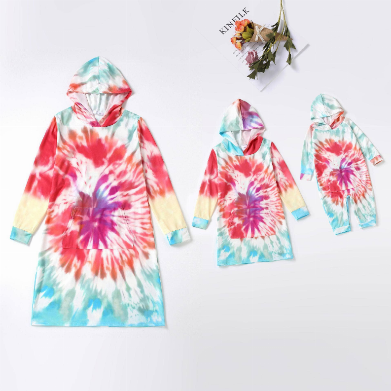 Set of three colorful tie-dye hooded long-sleeve dresses, long hems