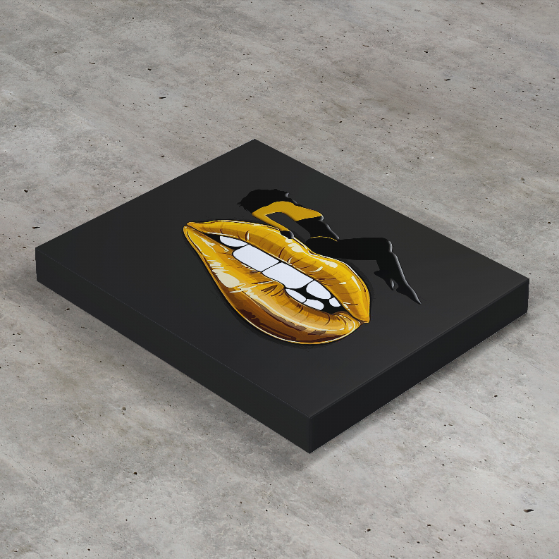 Black art print panel with gold and white open lips design