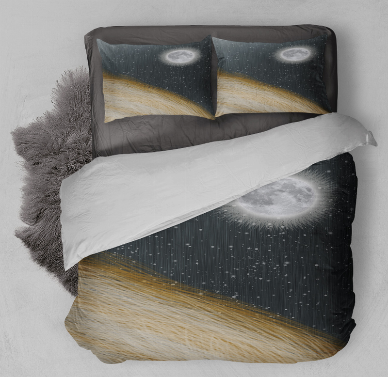 Space comforter set with two pillows, dark blue stars and planet swirl print