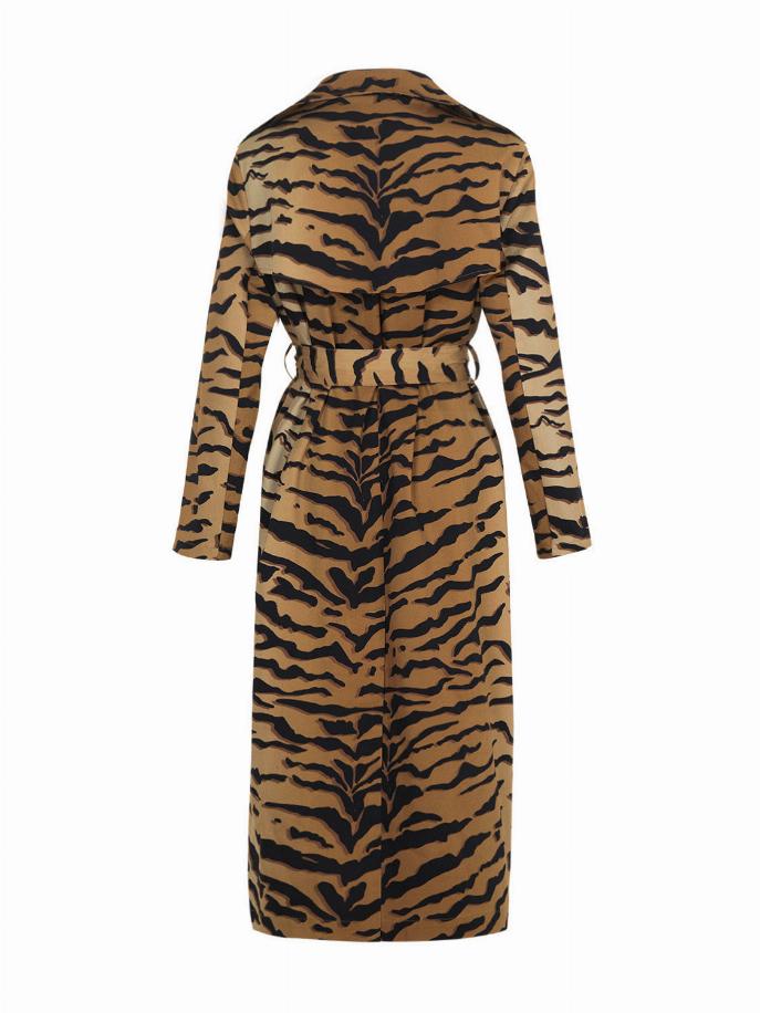 Tiger-print trench coat, belted waist and notched collar, long sleeves