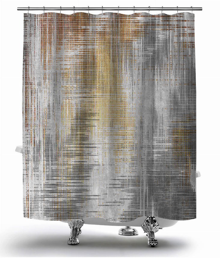 Shower curtain with geometric stripes and top grommets in white, gray, and orange-yellow