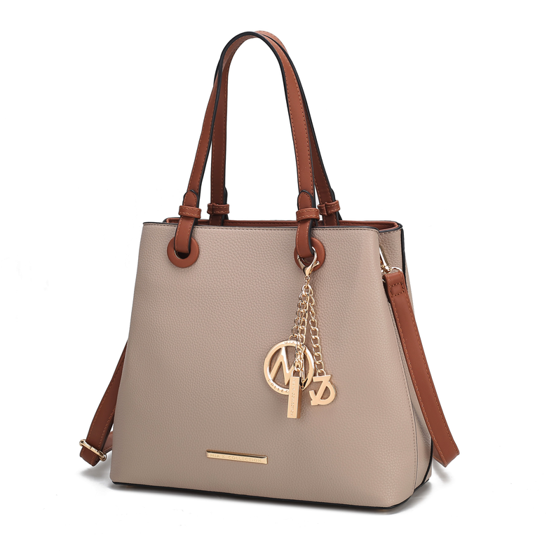 Taupe leather-look tote bag with brown handles and dangling chain charm
