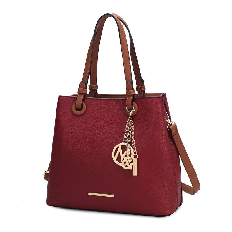 MKF Collection by Mia K red tote bag with top handles, chain charm, and side strap