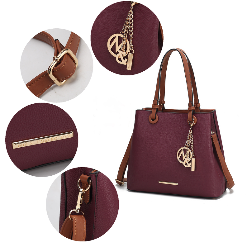 MKF Collection by Mia K. fuchsia tote bag detail collage: straps, charm, and logo plate