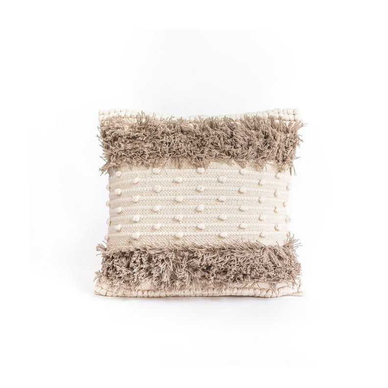 Beige and brown striped throw pillow with shaggy fringe edges