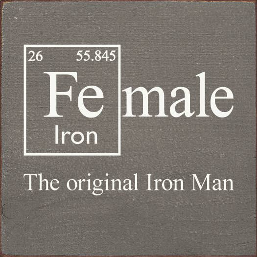 Gray square typography card with “Fe male Iron” and “The original Iron Man” text