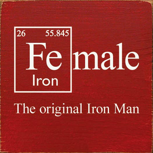 Red square label with "Fe male Iron" and "The original Iron Man" text