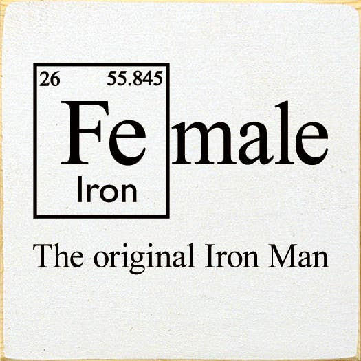 Cream typographic book cover with 'Fe male Iron' and 'The original Iron Man' text