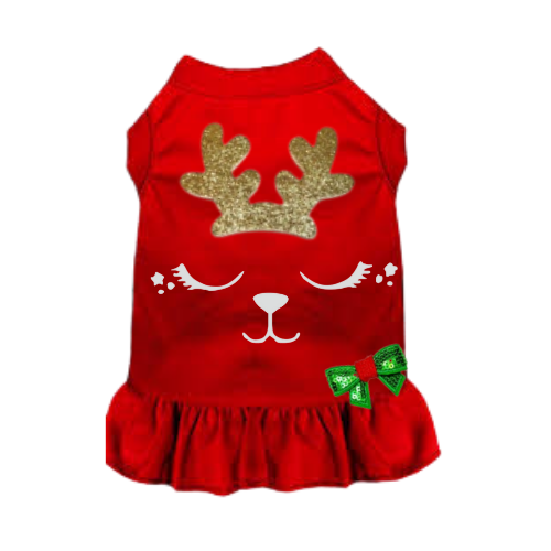 Red reindeer pet outfit with gold antlers and green bow detail, ruffled hem