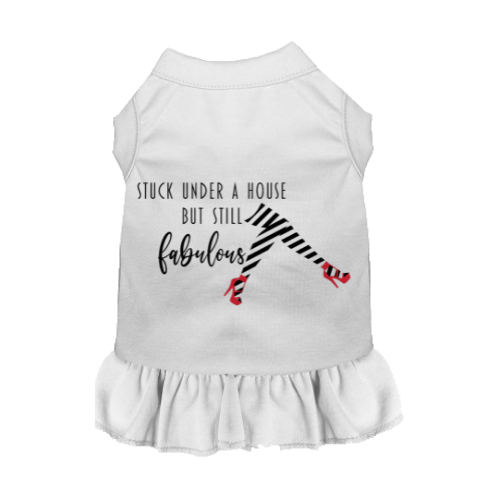 White sleeveless pet dress with ruffled hem and "Still Fabulous" graphic