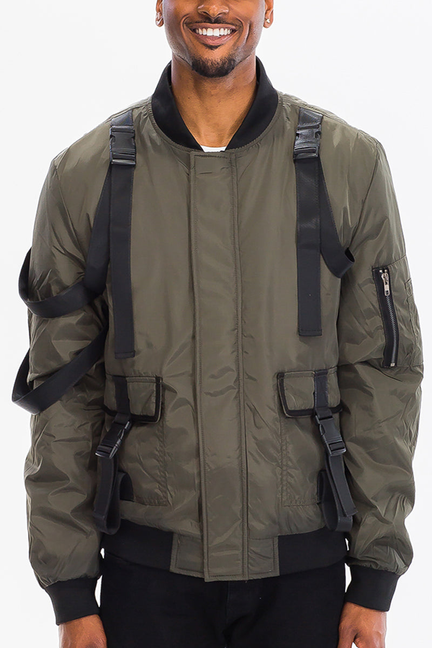 Olive tactical bomber jacket with zip front, ribbed cuffs, and side pockets