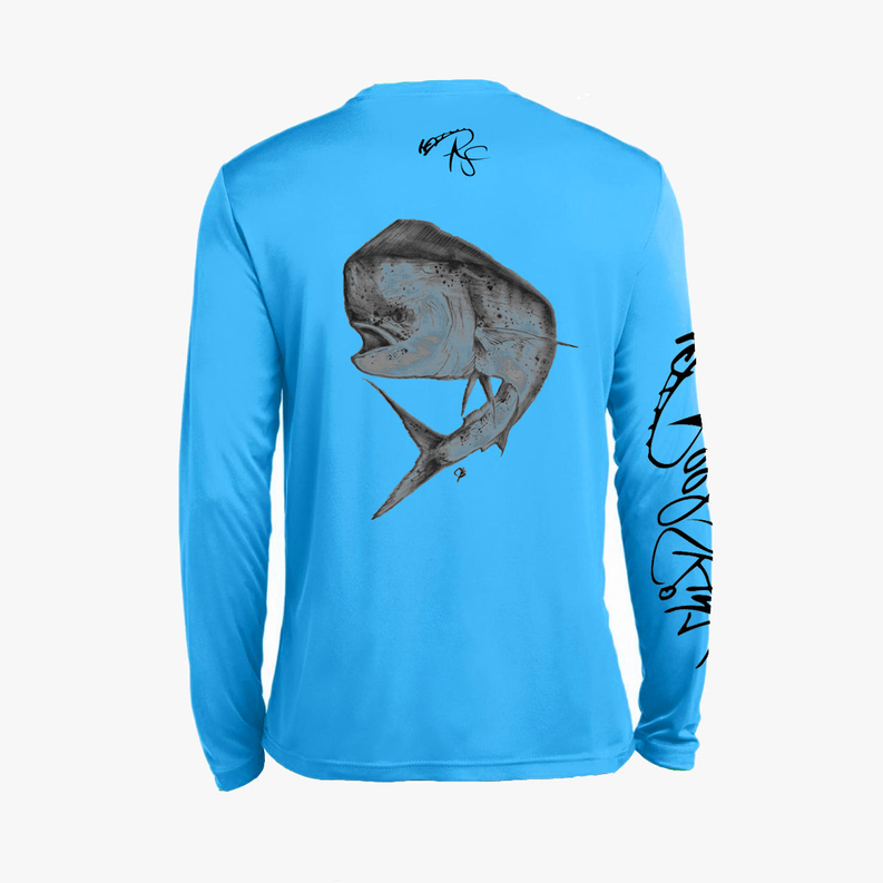 Blue long-sleeve graphic shirt with shark face print on chest