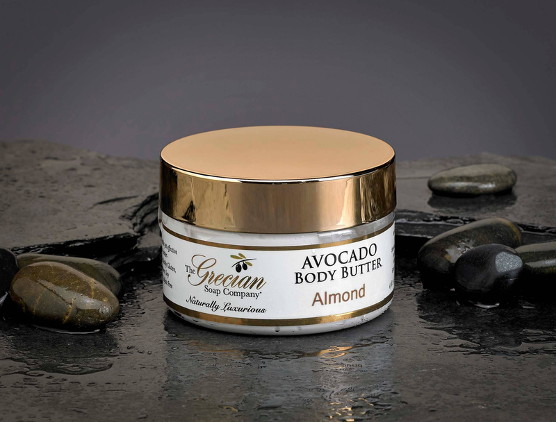 Avocado body butter jar with gold lid, Almond scent label