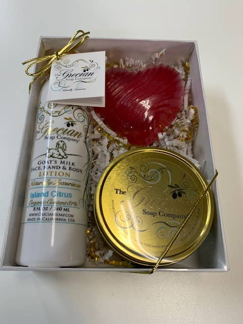 Mother's Day lotion and soap gift set with white bottle and round gold soap tin