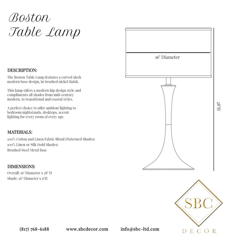 Boston table lamp with drum shade and slender pedestal metal base