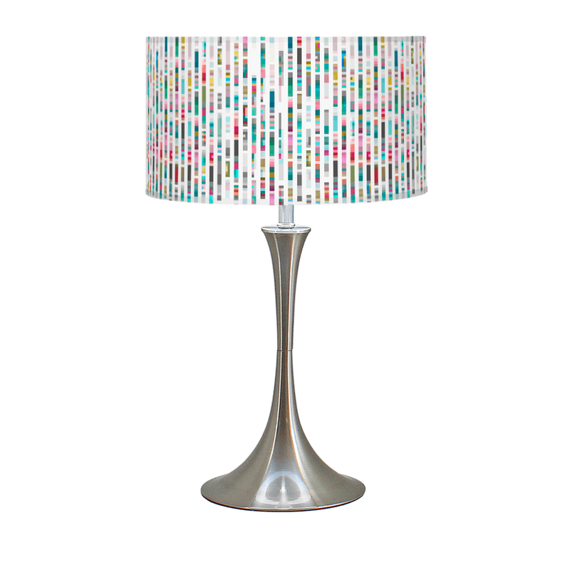 Boston table lamp with multicolor patterned drum shade and brushed metal base