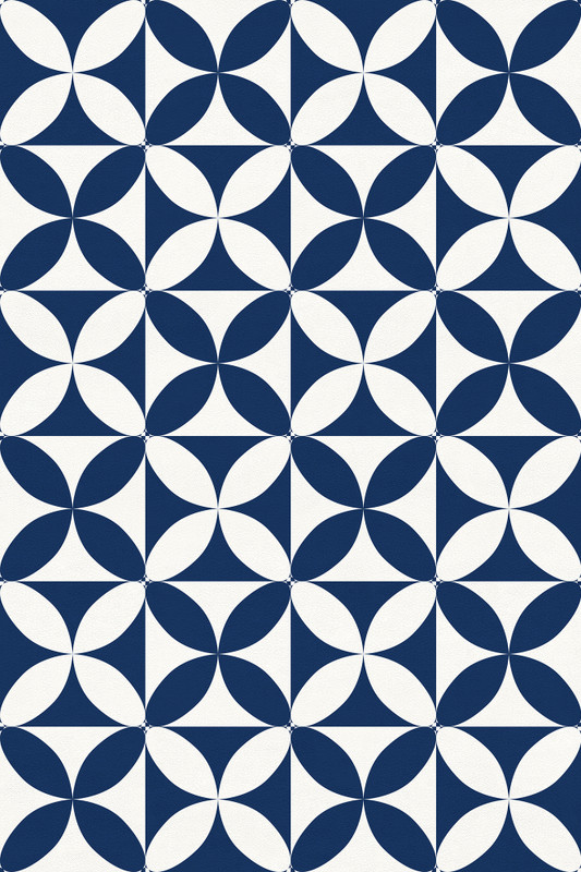Geometric rug with navy and white flower pattern, flat view