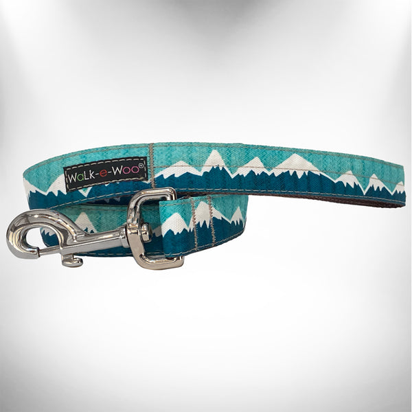 Teal mountain print dog leash with silver metal clip and swivel ring