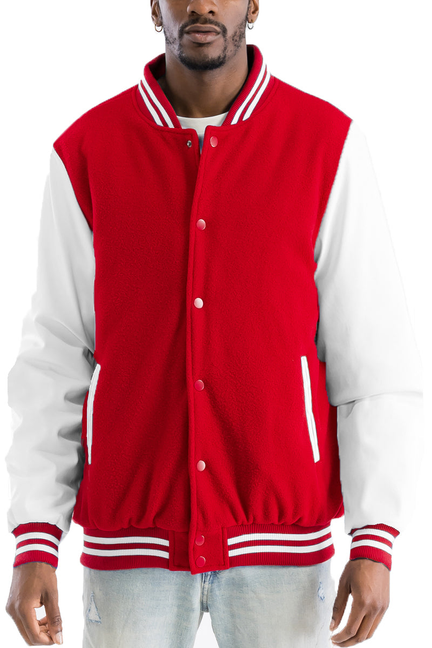 Red varsity letterman jacket with button front and striped ribbed collar, cuffs.
