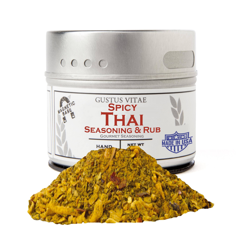 Jar of Spicy Thai seasoning & rub with mound of yellow spice