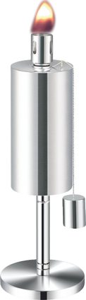 Stainless steel outdoor tabletop garden torch with lit flame and glass cylinder