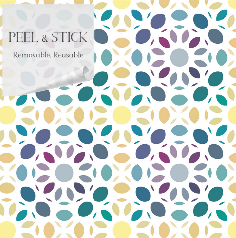 Peel-and-stick wallpaper sheet with multi-color leaf mosaic pattern