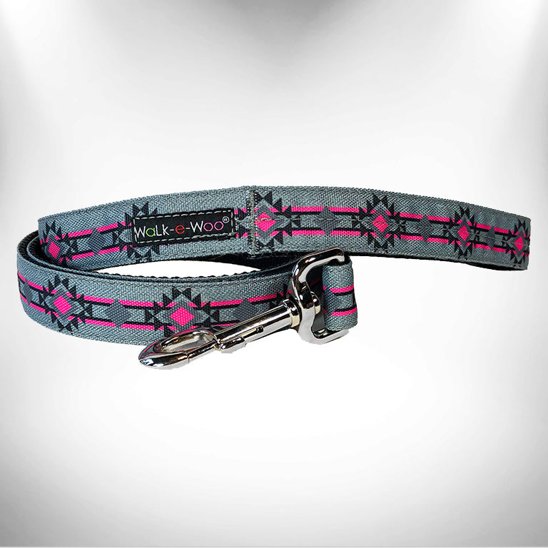 RaDog dog leash with pink star and arrow pattern and shiny metal clip.