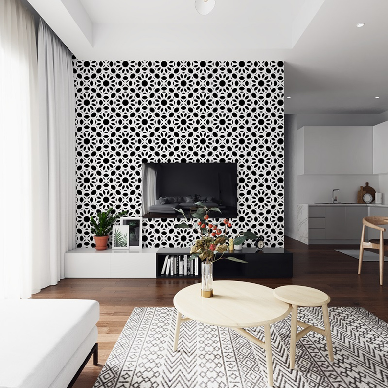 Peel-and-stick wallpaper with black-and-white circular floral lattice design