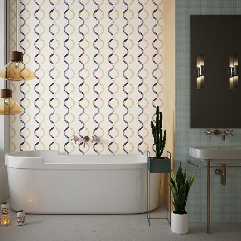 Installed peel-and-stick wallpaper with multicolor keyhole link pattern in vertical rows
