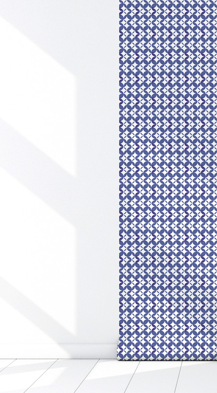 Peel-and-stick wallpaper close-up of navy and light blue geometric tile pattern on white