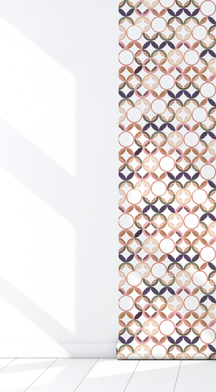 Boho wallpaper panel section with repeating circular lattice pattern in coral and navy tones.