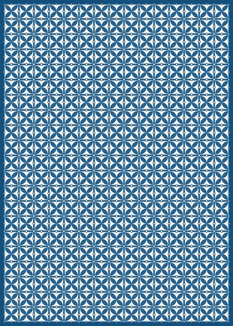 Rectangular vinyl floor covering, blue with white geometric tile pattern and border