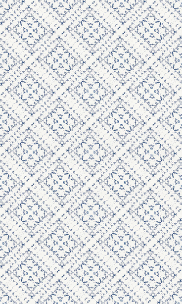 Geometric vinyl floor covering in white with blue repeating diamond medallion pattern
