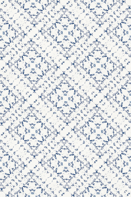 Vinyl floor covering pattern, white with dense blue medallions and small repeats