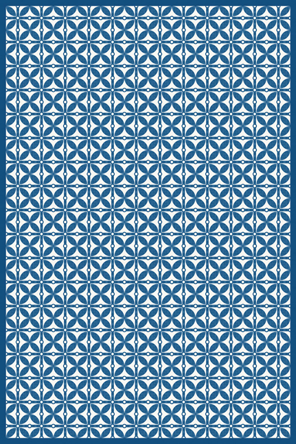 Rectangular vinyl floor covering with repeating blue-and-white geometric lattice pattern