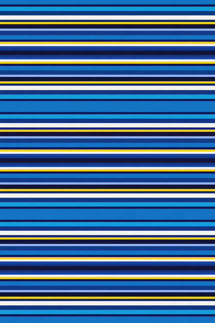 Indoor/outdoor vinyl floor covering featuring thin horizontal stripes in blue, yellow, and white