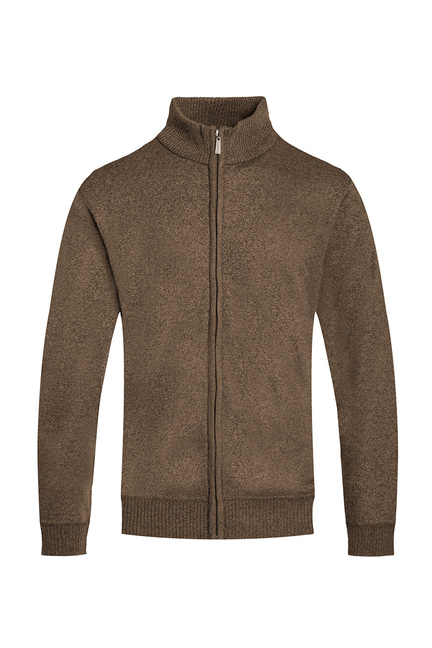 Brown knit full-zip sweater with stand collar, front zipper, ribbed cuffs and hem