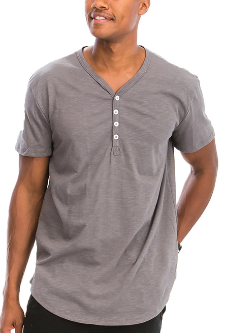 Grey henley t-shirt with short sleeves and button placket