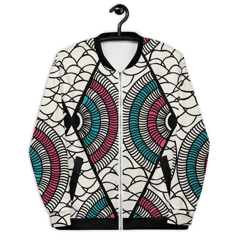 Bomber jacket with black ribbed hem, full-zip front, and colorful spiral pattern on cream