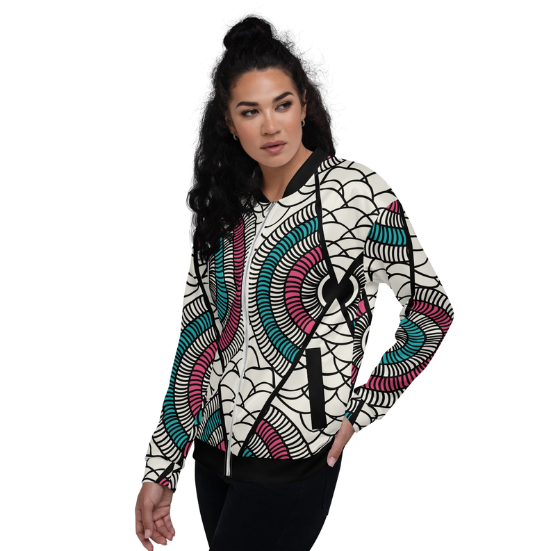 Bomber jacket in cream with colorful spiral-and-web print, ribbed collar and cuffs