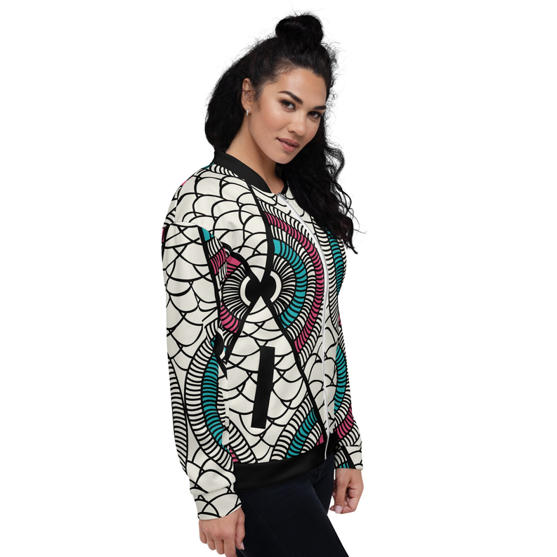 Cream bomber jacket with spiral graphic print, ribbed neckline and cuffs, front zipper