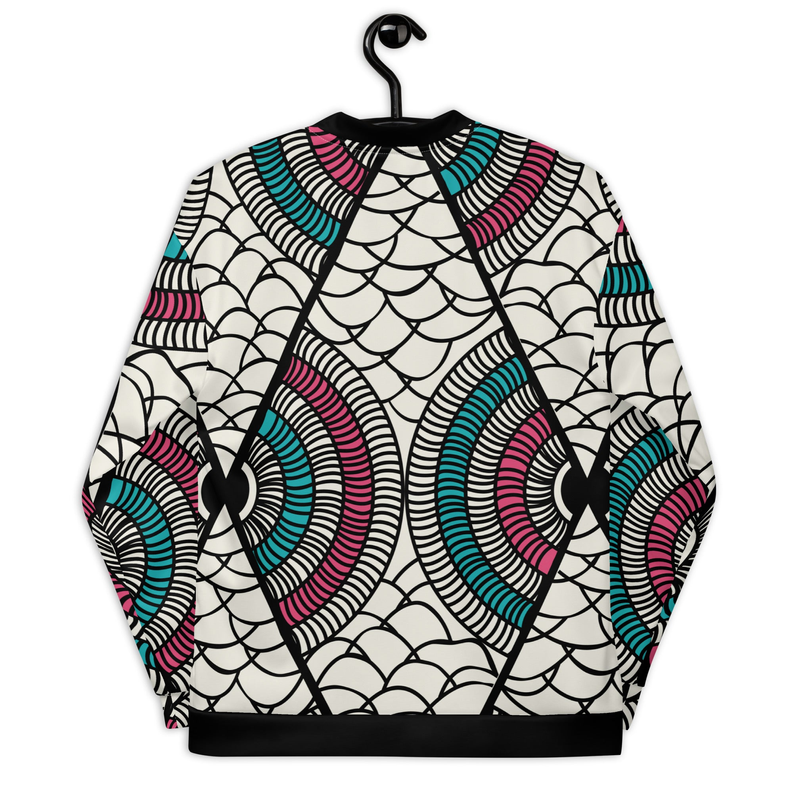 Bomber jacket flat view: cream base with spiral web print, black ribbed collar and hem