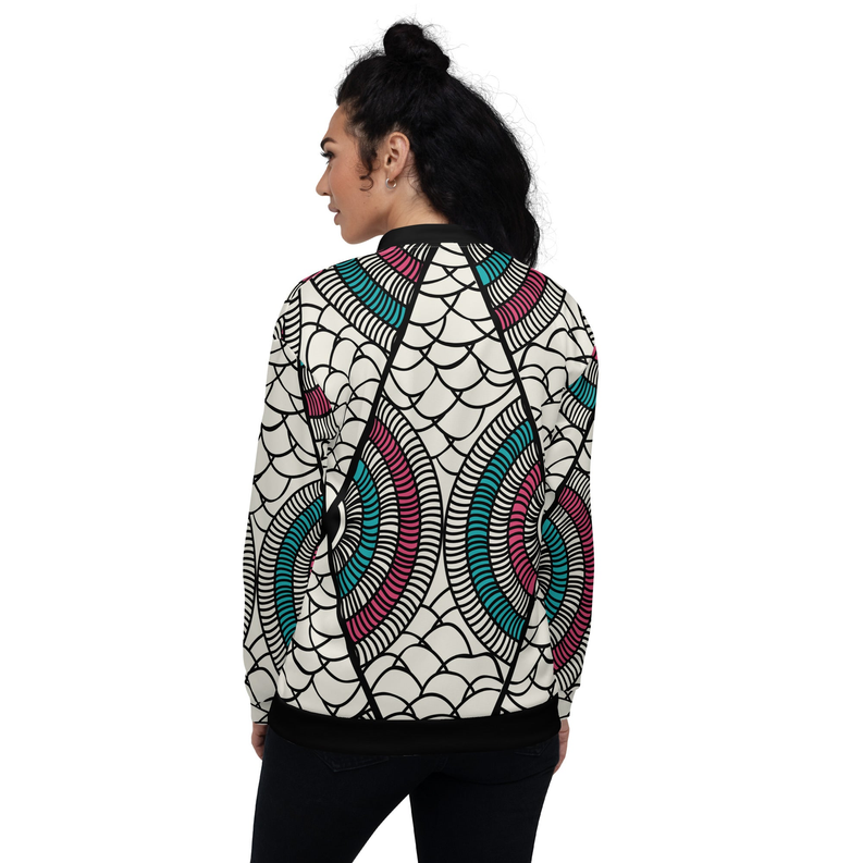 Back-view bomber jacket: cream base with colorful spiral-and-web print, ribbed hem and cuffs