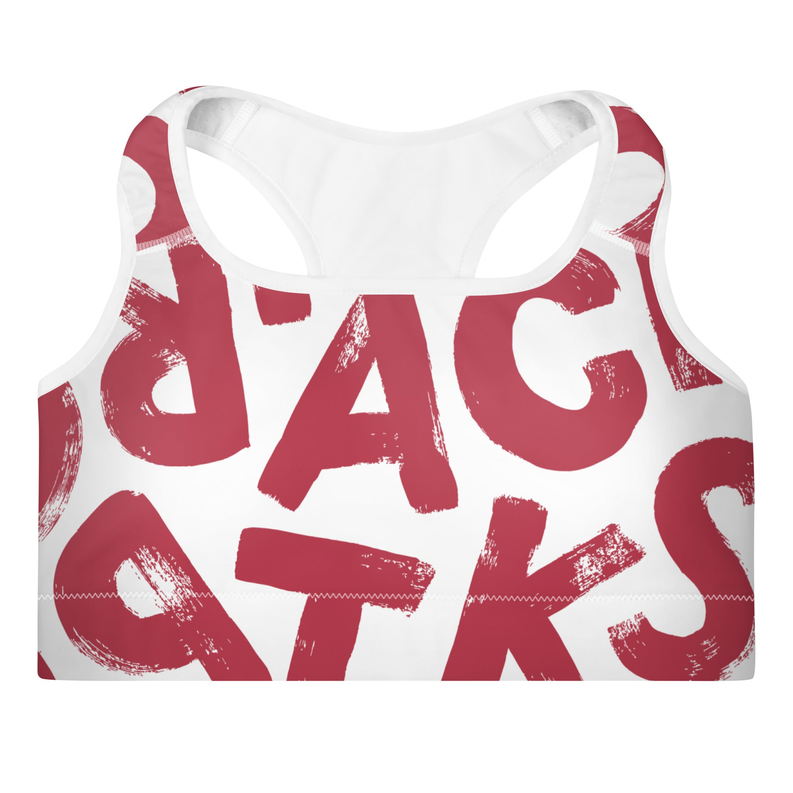 Red and white graphic-pattern sports bra with racerback neckline