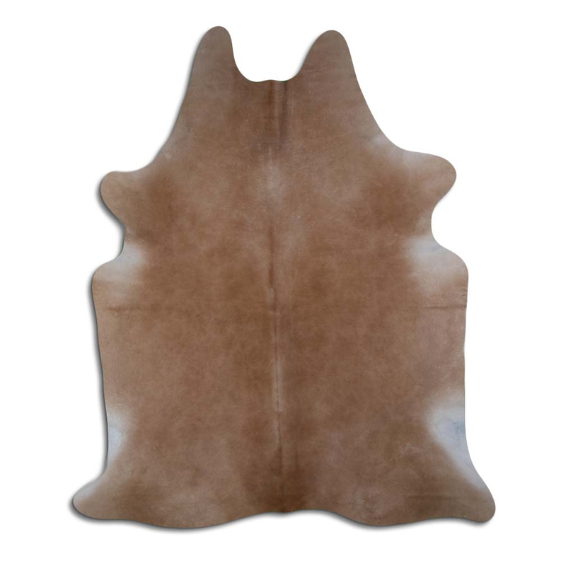 Brown cowhide rug with natural hair texture, irregular hide shape